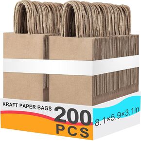 200Pack paper bags with handles，8.1x5.9x3.1 Inch，brown paper bags with handles，gift bags bulk，brown gift bags，brown paper bags，Paper Bags Bulk for Birthday Party Favors, Shopping, Retail