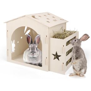 Large Rabbit Hideout Bunny Castle, Wooden Bunny House & Rabbit Hay Feeder, Detachable Rabbit Hideaway, Indoor Rabbit Castle with Ramp, Small Animal Houses & Habitats
