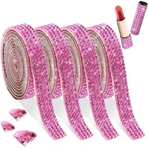 FULZTEY Self Adhesive Rhinestone Ribbon 4 Rows Sticky Gems Crystal Ribbon Light Pink Rhinestone Strip with 2 mm Gemstone Glitter Rhinestone Strips Diamond Wrap for DIY Crafts Clothes Gift Decoration