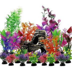 Aquarium Decorations Plants with Rockery View, 25pcs Aquarium Decor Plants and Rock Cave Hideout Ornaments, Fish Tank Accessories, Fish Tank Plants Plastic Decoration for Aquariums