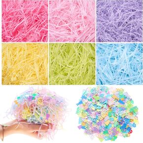 17oz Easter Grass Basket Filler 6 Color Easter Raffia Paper Shred with 1.4oz Easter Confetti Happy Easter Confetti Rabbit Egg Chicken Shape for Easter Gift Basket Filler Gift Wrap Party Decor