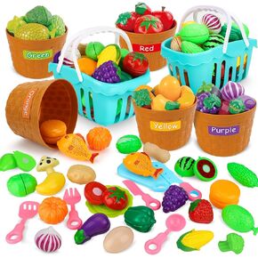 Color Sorting Play Food Set for Kids, Cutting Fruits and Vegetables Food Toy with Storage Basket for Toddlers, Educational Pretend Kitchen Accessories for Boys and Girls