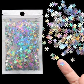 3000pcs Snowflake Glitter Confetti Mini Laser Sequins 6mm White Small Winter Tiny Scatter Stickers Embellishments for Nail Art Party Christmas Holiday Decoration DIY Crafts Holographic Silver, 15gr