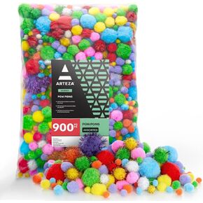 ARTEZA Pom-Poms, 900 Pieces, Assorted Colors and Sizes, Craft Supplies and Materials for Sewing Projects, and DIY Crafts