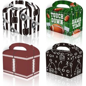 12 Packs American Football Treat Gift Boxes Football Birthday Party Gift Box Go Team Touch Down Candy Goodie Cardboard Boxes with Handles for Snacks, Football Birthday Party Supplies Favors