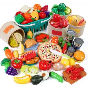 ilauke 87Pcs Cutting Play Food Toy for Kids Kitchen, Fake Food Fruit &Vegetables with Storage Buckets and Storage Basket, Color Sorting Preschool Educational Toys, Gift for Boys & Girls