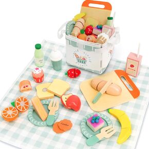Pisnic Playset - Food Wooden Play - Play Food Bets for Kids Kitchen - تظاهر الطعام ، والأطعمة للألعاب مع حقيبة تخزين متعددة الوظائف ، وأفضل هدية للألعاب غير الصغار لـ 3+ من الأطفال الصغار