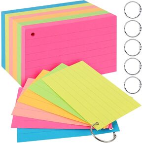 Index Cards 3x5 Inches, 300 Pcs Assorted Neon Color Ruled Index Cards with Ring,Heavy Note Cards, Lined Colored Index Flashcards,Study Cards,Memo Scratch Pad for Home Office School