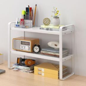 Hbluefat Desktop Organizer Shelf, 2-Tier Multipurpose Wood Office Desk Storage Rack, Small Computer Desk Bookshelf, Cubicle Decor Aesthetic Bookcase for Home Office (White+White)