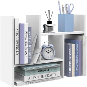 SUPEASY Wood Desk Shelf, 5-Unit Desktop Organizer Adjustable Desktop Shelves, Wooden Tabletop Bookshelf Desk Organizers and Accessories for Home Office Organization and Storage, White