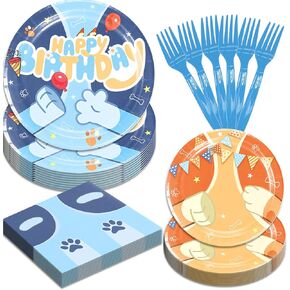 50 Pcs Cartoon Blue Dog Party Supplies Cartoon Dog Theme Tableware Set with Dinner Plates,Dessert Plates,Napkins and Forks for Boys and Girls Birthday Party Decorations Serve 10 Guest