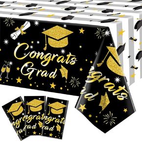 CESOF Graduation Tablecloth Party Decorations 2025, 3 Pack Black and Gold 54"x108" Congrats Grad Disposable Table Covers Plastic Cloth Tablecover for College High School Class of 2025 Party Supplies