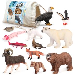 Volnau Safari Animal Figurines Toys 12PCS North America Figures Zoo Pack for Toddlers Kids Christmas Decoration Gift Preschool Educational Bald Eagle Bear Salmon Salamander Jungle Forest Cake Topper