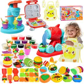 Color Dough Sets for Kids Ages 2-4, Play Tool 3-in-1 Ice Cream, Noodle & Hamburger Maker Accessories Kit, Kitchen Creations Food Toys for Boys and Girls, Arts & Crafts Gifts for Toddlers