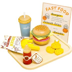 Wooden Pretend Play Fast Food for Kids,Play Food Sets for Kids Kitchen,Restaurant Play Set for Kids with Hamburger, Fries,Fried Chicken,Coke,Ketchup,Sauce,Gifts for 3 4 5+ Years Old