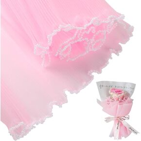 KIMOBER 4.3 Yards Pink Flower Wrapping Mesh Paper,Pearl Edge Wrinkled Wavy Net Yarn Flower Wrapping Mesh Paper for Valentine's Day Mother's Day Wedding Florist Supplies(Pink)