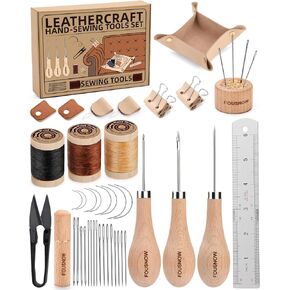 FOUSNOW Leather Sewing Kit, Leather Working Tools Kit with Awl, Waxed Thread, Upholstery Needles, Heavy Duty Leather Stitching Kit with Leather Valet Tray for Repairing Canvas, Bags DIY Crafts