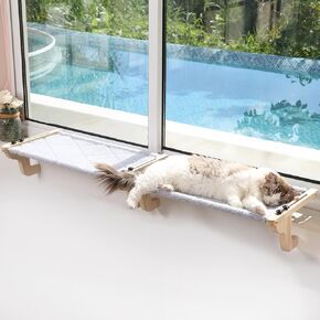 2PC Easy Seat Cat Perch for Window Sill - Hammock Design w/Pine Wood & Robust Metal Frame - Cat Window Seat for Large Cats and Kittens (Dark Stained Wood w/Gray Bed, Large (26''W x 14''D)