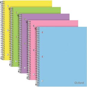 Oxford 1 Subject Spiral Notebook, Notebooks for School, Plastic Covers, Back to School Supplies, Wide Ruled, 100 Sheets, 5 Pack, Assorted Pastel Colors: Blue, Green, Yellow, Pink and Purple (1009292)