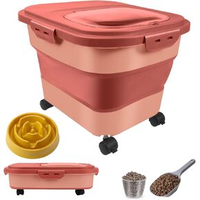 Collapsible Dog Food Storage Container 20-25Lbs Pet Food Storage Containers Dog Food Container with Casters & Scoop Airtight Dog Food Storage Bin Keep Dry Food Fresh (Pink)