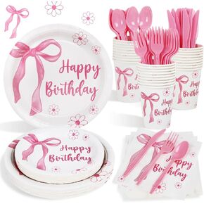 Pink Bow Birthday Party Decorations Plates Set 25 Guests,175 Pcs Coquette Girl Paper Plates Napkins Cups Cutlery Bow Theme Birthday