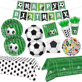 YQUQWN 178 PCS Soccer Party Decorations, Sports Birthday Party Supplies for Soccer Theme Party Favors Club Competition Serves 24 with Plates and Napkins Tablecloth Fork Cups Birthday Banner Stickers