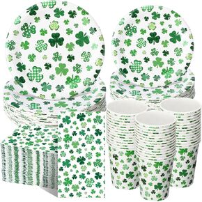 Pickmesh 250 Pcs St Patrick's Day Plates and Napkins Set Clover Shamrock Disposable Paper Plates Napkins Cups Luncheon Dinner Tableware for Irish Holiday Party Decorations