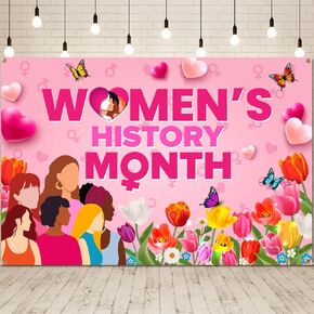 Womens History Month Decorations Backdrop,Pink Women's History Month Banner International Womens Day Decorations for Wall Classroom Photo Backdrop