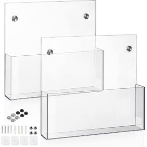 Hanging Wall File Organizer, 2 Pack, Clear Acrylic, Large, Space Saving, Office Wall Mount File Holder with 2 Mounting Options, Mail Holder for Magazine, Mail, Paper, Folders, Document, 12.99x 11.8 In