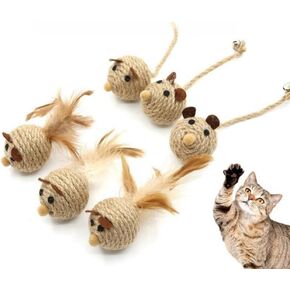 6Pcs Natural Sisal Toys for Cats,Sisal Balls Mice Toys with Rattling Sound for teractive Cat Scratcher Chew Toy with Cute Mouse Toy for Kitten Kicker