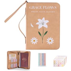 Bible Cover Case with Handle and Wristlet Strap, Premium PU Leather Bible Holder with Floral Design, Fits Large Bibles and Accessories, Ideal Gift for Women and Girls