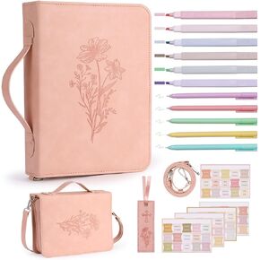 19PCS Floral Bible Cover for Women PU Leather Bible Cases Bible Journaling Kit for Girls Bible Bag with shoulder strap &Book Marker 10.47*7.48*2.17in Book Case Highlighter Pens Christian Gift Pink