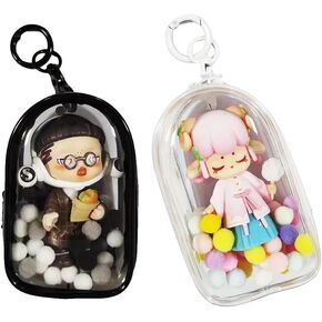 2pcs Clear Figure Display Bag with Keychain, Clear Pouch Blind Box Display Bag, Mystery Box Mini Figures Carrying Case Keychain Charms for Collectors (Black+White)