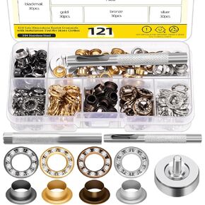 120 Sets 1/4" Rhinestone Eyelet Grommet Kit, Rhinestone Metal Grommet Rhinestone Eyelet Fittings Eyelet Grommets Kit with Washer, Hole Punch for Clothing Shoe (Gold/Silver/Black/Bronze)