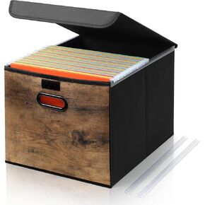 Decorative File Organizer Box with Wood Grain Pattern Collapsible Wood Files Box File Storage Bins Hanging File Folder Box with Lid Plastic Slides for Letter Size, Office, Rustic Brown