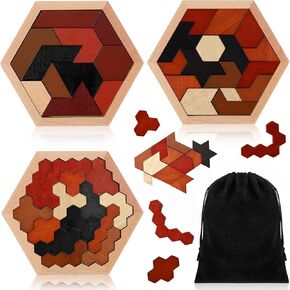 Yunsailing 3 Pack Hexagon Tangram Puzzles Wooden Brain Survivor Puzzles for Adult Russian Blocks Hexagon Tangram Brain Teaser Wood Geometric Jigsaw Challenge Intelligence Teasers Logic Mind Game
