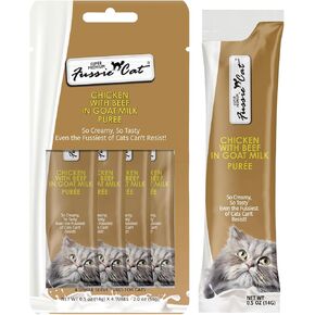 Fussie Cat Super Premium Chicken with Beef in Goat Milk Puree, lickable cat Treats, 0.5oz Pouch Pack of 4