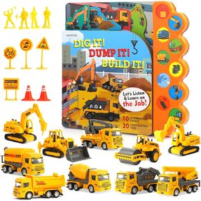 Construction Toys with Sound Books - Dig It! Dump It! Build It! Construction Board Book with 10 Buttons & 20 PCS Toys for 3+ Year Old, Great for Little Construction Lovers Kids