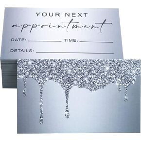 RXBC2011 Appointment Reminder Cards Bling Glitter Drips for Beauty Makeup Hair Nail Salon Barber Shop Restaurants Therapist Pack of 100 Silver