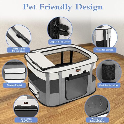 Aivituvin Dog Playpen ، Portable Cat Pet Play Pen لاستخدام التخييم في السفر ، قفص خيمة الكلاب القابلة للطي مع حقيبة حمل للحيوانات الصغيرة الداخلية الصغيرة الرمادية م in Kuwait