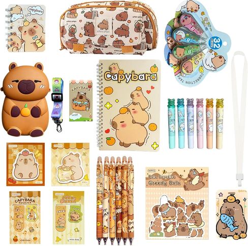 Capybara School Supplies Set Cute Stationery Set Kawaii Back to School A7/A5 Spiral Notebook,Pencil Case, 6 Erasable Gel Pens,40 stickers,Card Holder Perfect Easter Birthday Gifts for Kids in Saudi Arabia