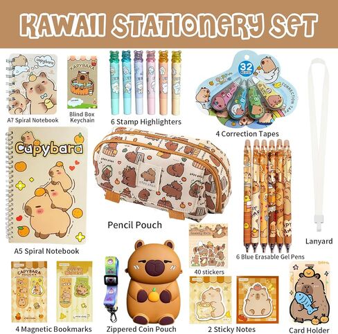 Capybara School Supplies Set Cute Stationery Set Kawaii Back to School A7/A5 Spiral Notebook,Pencil Case, 6 Erasable Gel Pens,40 stickers,Card Holder Perfect Easter Birthday Gifts for Kids in Saudi Arabia