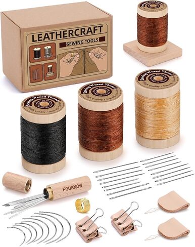 FOUSNOW Leather Sewing Kit, Leather Needles for Hand Stitching, Leather Stitching Kit with Waxed Thread Upholstery Needle Leather Binder Clips Heavy Duty Sewing Kit for Shoes Bags Canvas in Kuwait