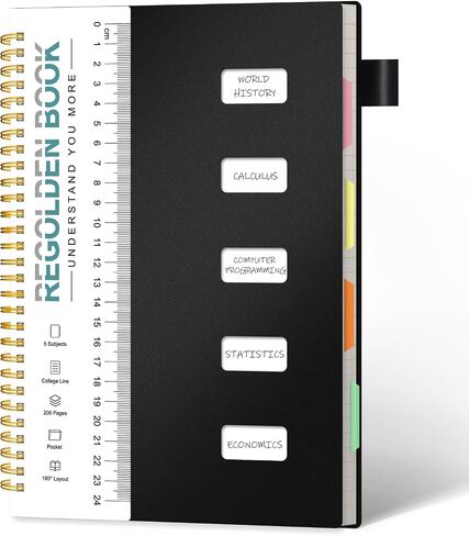 Regolden-Book Spiral Notebook College Ruled, 5 Subject Notebook for School Office Supplies with Pocket Dividers Ruler, 150 Pages, 8.5x5.5, Black in Saudi Arabia