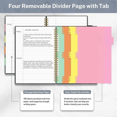 Regolden-Book Spiral Notebook College Ruled, 5 Subject Notebook for School Office Supplies with Pocket Dividers Ruler, 150 Pages, 8.5x5.5, Black in Saudi Arabia