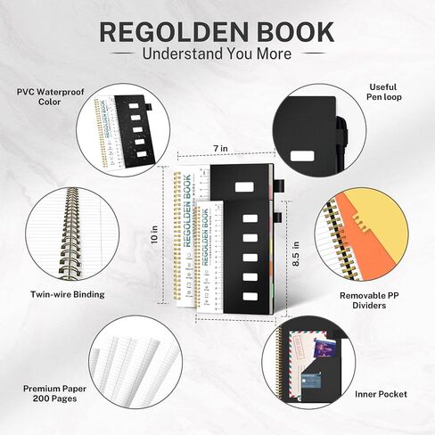 Regolden-Book Spiral Notebook College Ruled, 5 Subject Notebook for School Office Supplies with Pocket Dividers Ruler, 150 Pages, 8.5x5.5, Black in Saudi Arabia