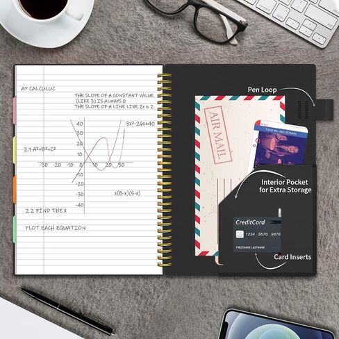 Regolden-Book Spiral Notebook College Ruled, 5 Subject Notebook for School Office Supplies with Pocket Dividers Ruler, 150 Pages, 8.5x5.5, Black in Saudi Arabia