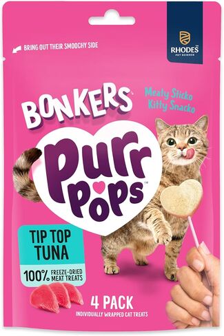 Bonkers Purrpops ، تجميد Turze Tuna Flavored Cats Treats ، Cat Treats ، يعامل للتدريب ، لجميع السلالات والأعمار ، أعلى الطعام (4 قطع) in Kuwait