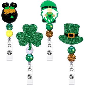 4 Pack St. Patrick's Day Badge Reels Retractable Glitter Shamrock Nurse Badge Holder with Swivel Alligator Clip for Irish Nurse Doctor Office Worker Gift ID Name Tag Decorative Metal Clips
