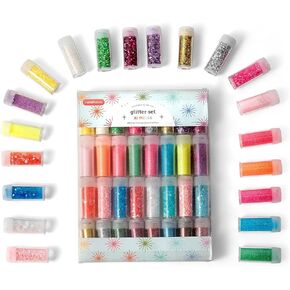 Glittables Glitter للحرف (32pcs). أفضل مجموعة ألوان متنوعة مجموعة لمعان. حزمة كبيرة إضافية ومكتنزة بريق كبير للراتنج ، الوحل ، Tumblers و Candle Making. بريق كبير حزمة للأطفال والكبار
